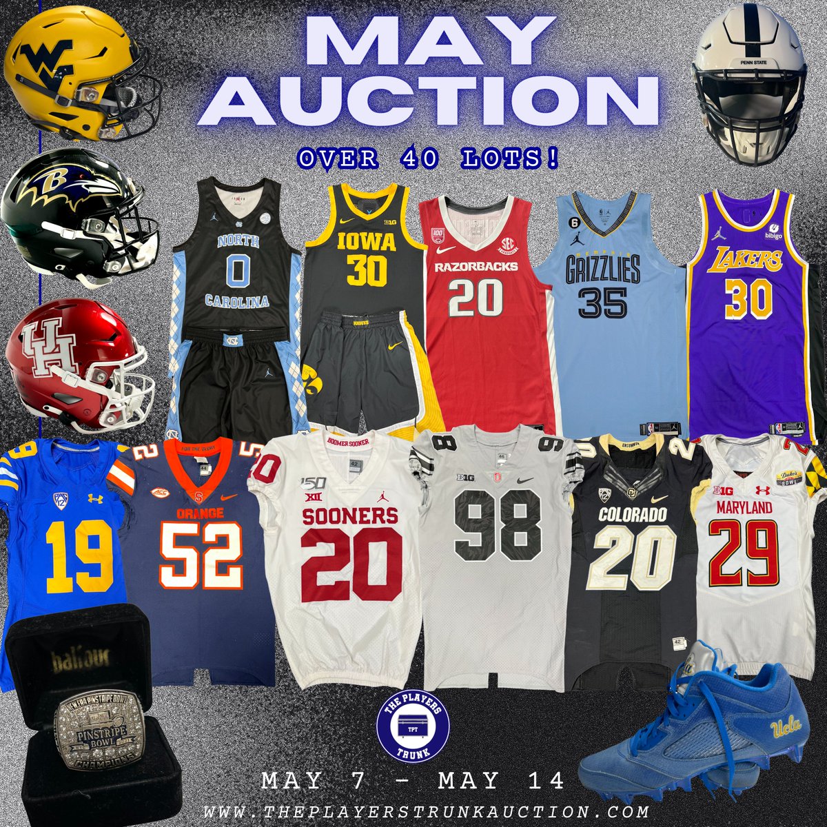 theplayerstrunk's tweet photo. May is here and so is our TPT auction! 

Over 40 lots including game worn helmets, game worn uniform sets, bowl rings and SO MUCH MORE!

Registration is now open here: https://t.co/UGCDdNupsm 

AUCTION OPENS 5/7! https://t.co/n2fxwzHMN2