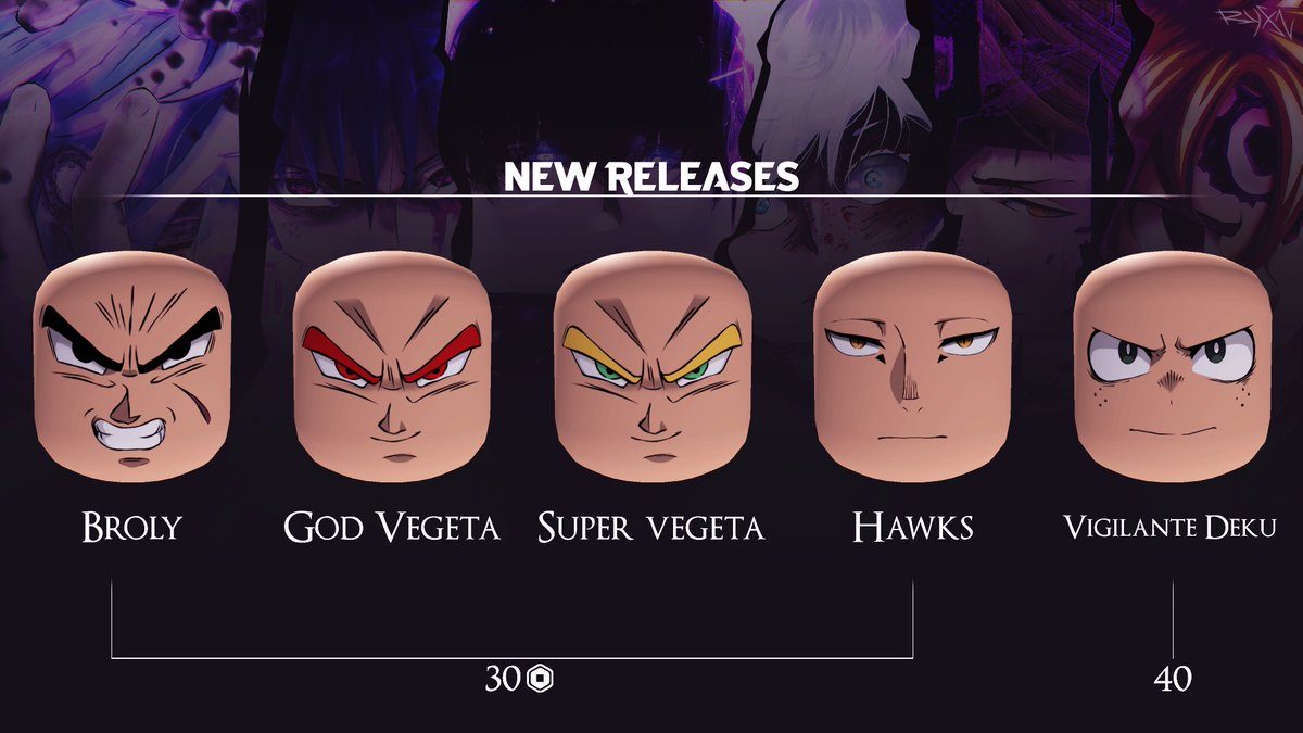New releases under Nano Island Studio, Join the group for more high quality faces
Hawks - roblox.com/catalog/133154…
Broly Base - roblox.com/catalog/133154…
Super Vegeta - roblox.com/catalog/133155…
God Vegeta - roblox.com/catalog/133155…
Vigilantee Deku - roblox.com/catalog/133154…