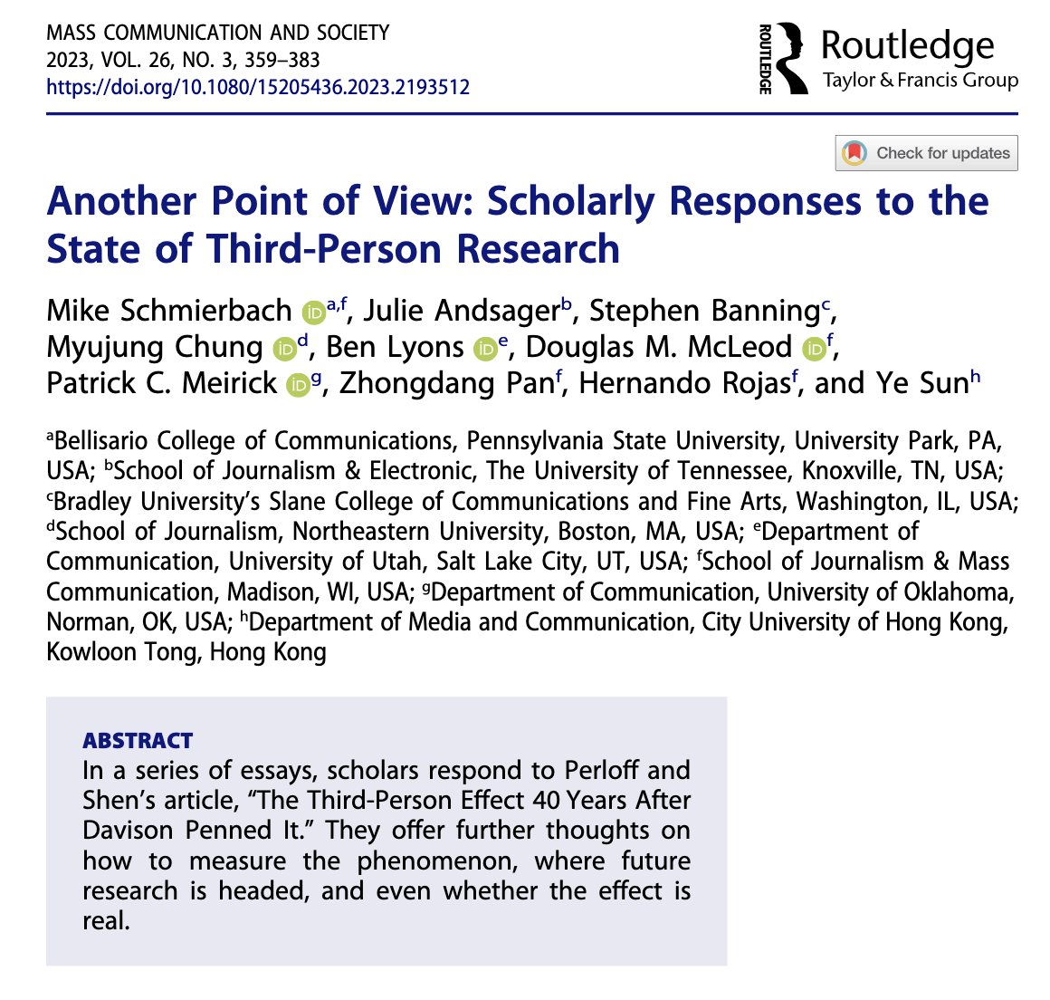ba_lyons's tweet photo. Hey, "Another Point of View: Scholarly Responses to the State of Third-Person Research" feat. a bunch of good scholars is out. Excited to see other ideas about moving forward. Really glad @YeSun_comm invited me to work on a response with her! https://t.co/2iEcYeW6Oy https://t.co/GkQbRwqCaM