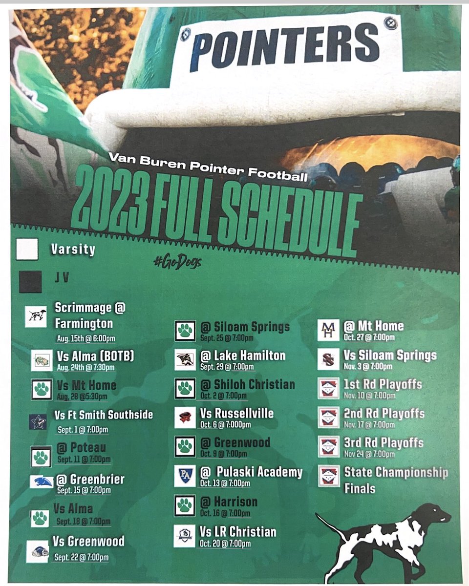 Van Buren’s complete JV and Varsity schedule for 2023!