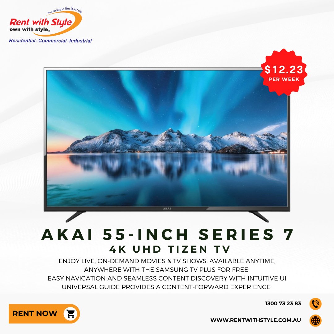 _rentwithstyle's tweet photo. For further information, visit our website, link in our bio, or contact us at 1300 73 23 83

#rentwithstyle #rentalappliances #leasingproducts #AKAITV #akaitv #akaiseries #tizentv #4ktv #4ktvs #4KUHD #4kuhd #Akai55inchSeries7 #Akai4KUHDTizenTV #AkaiSmartTV #TizenOS #UHDTV #tv https://t.co/i0KGSsBzoo
