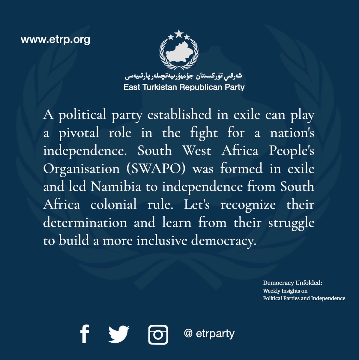 qarluq's tweet photo. A political party established in exile can play pivotal role in the fight for a nation's independence. South West Africa People's Organisation (SWAPO) was formed in exile and led Namibia to independence from South Africa colonial rule. Let's recognize their determination and learn from their struggle to build a more inclusive democracy.