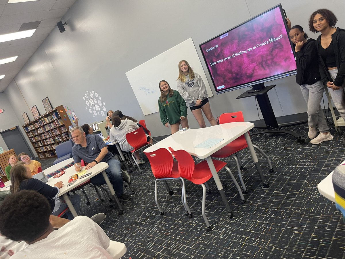 AVIDJeffMS's tweet photo. I spy #AVID7 students at the back table discussing this question about Costa’s. #AVIDfamilyTRIVIA @jmscyclones https://t.co/x8EdiVztTb