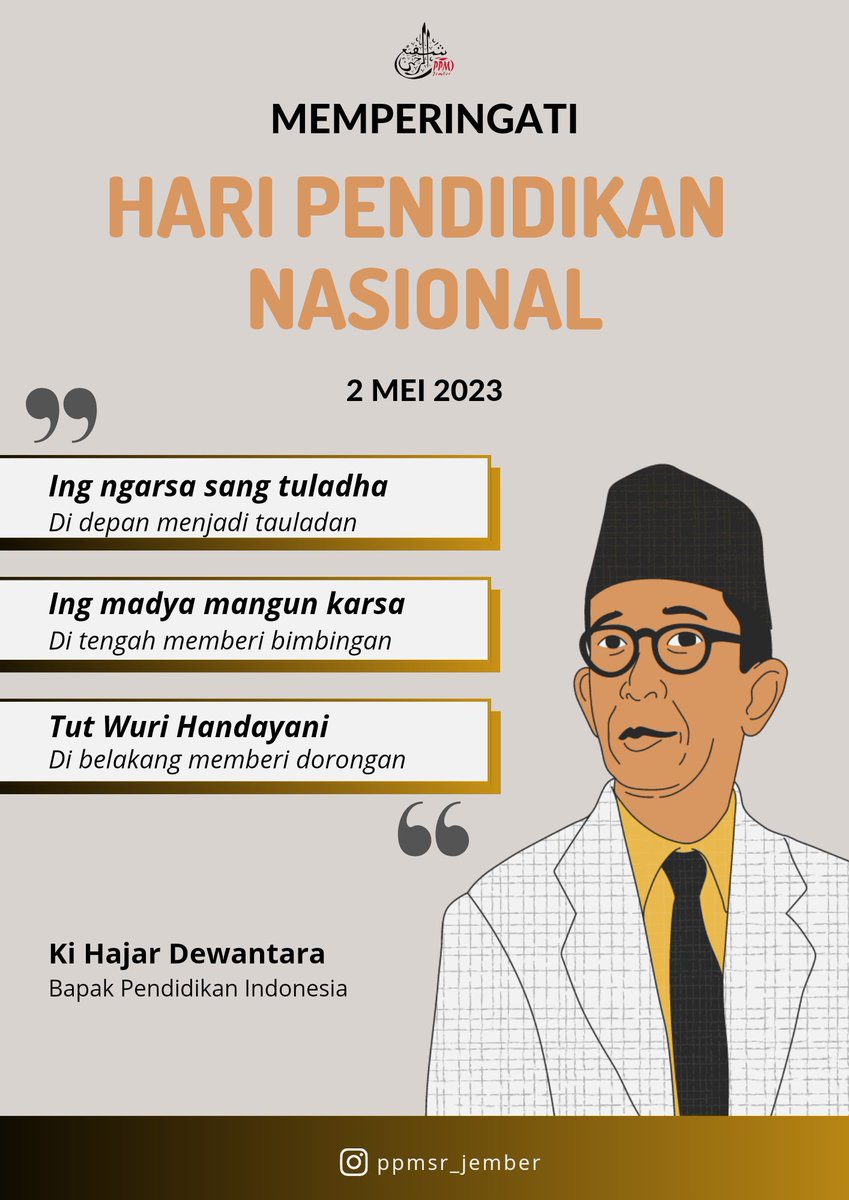 ppmsr_jember's tweet photo. PPM Syafi'ur Rohman Jember mengucapkan Selamat Hari Pendidikan Nasional 2023! 😊

*Ing Ngarso Sung Tuladha, Ing Madya Mangun Karsa, Tut Wuri Handayani.* 
Mari terus majukan pendidikan Indonesia, agar membawa manfaat bagi bangsa. 🇮🇩 https://t.co/g7dgbHPGGC