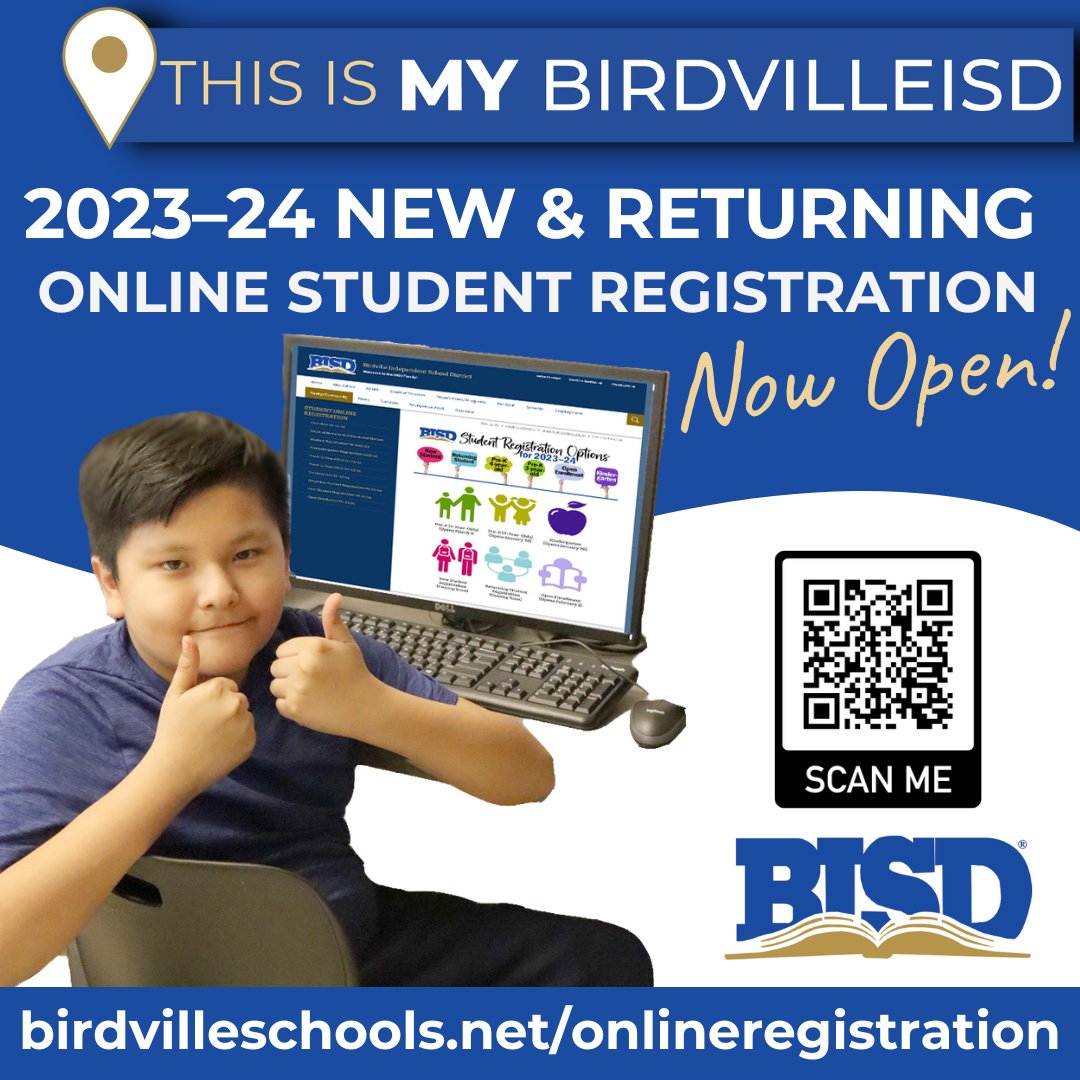 2023–24 NEW and RETURNING Students Online Registration Now Open! Visit birdvilleschools.net/onlineregistra… to register today.