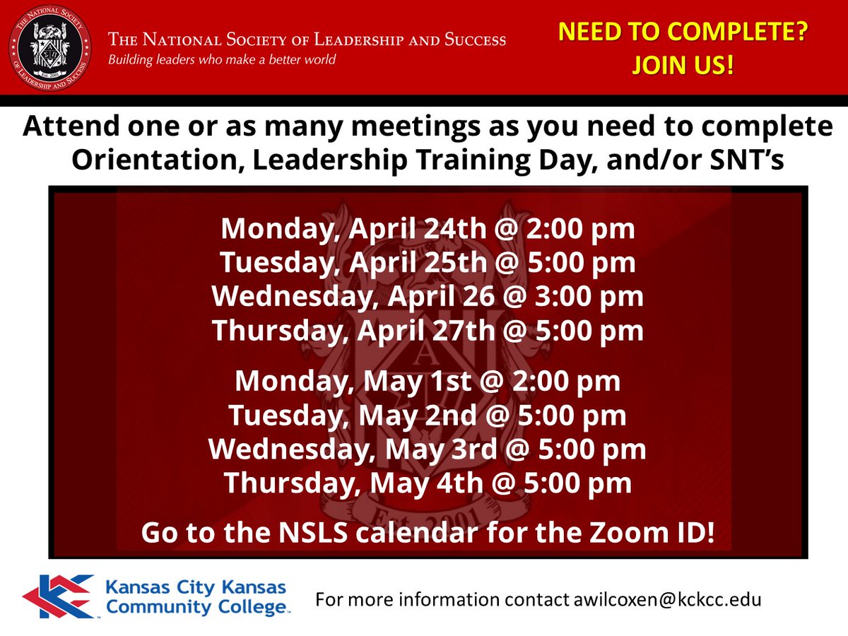 KckccStudent's tweet photo. NSLS members, have you completed your Leadership Training Program requirements? If not, it is not too late to check out the dates/times on the flyer &amp; join any of the meetings. Check your NSLS calendar for the Zoom IDs and links. #KCKCCProud https://t.co/YtgwhLw2X5
