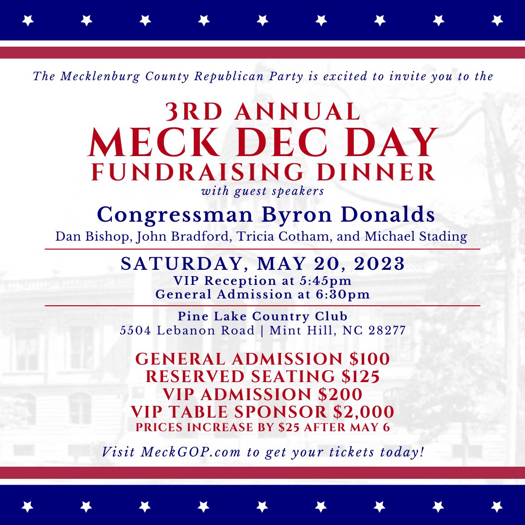 meckgop's tweet photo. Happy May! Only 20 days until Meck Dec Day - get your tickets before they're out. 

https://t.co/xORET9OAvz

#meckGOP #NCGOP #GOP #RNC #CLT #Mecklenburg #MeckDec #republican #conservative #byrondonalds #charlotte #queencity #firstinfreedom https://t.co/Vgkg21gj2S