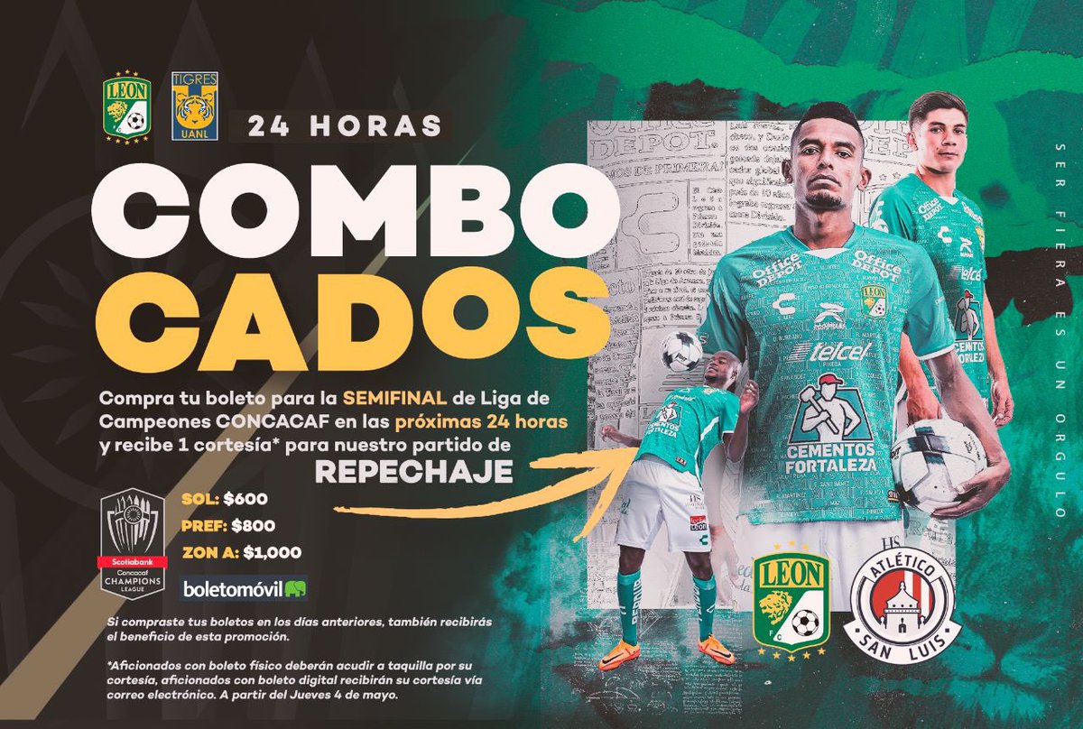 clubleonfc's tweet photo. ¡TODOS #COMBOCADOS! 🤩

Compra tu boleto para la SEMIFINAL @Thechampions durante las próximas 24 horas ⏱ y recibe 1 boleto cortesía para el REPECHAJE.

@Boletomovil 🎟 📲 https://t.co/YEAnYfbHMi

¡Llenemos el Glorioso una vez más! 🏟

Checa aquí toda la información. https://t.co/MAdTinPTHW