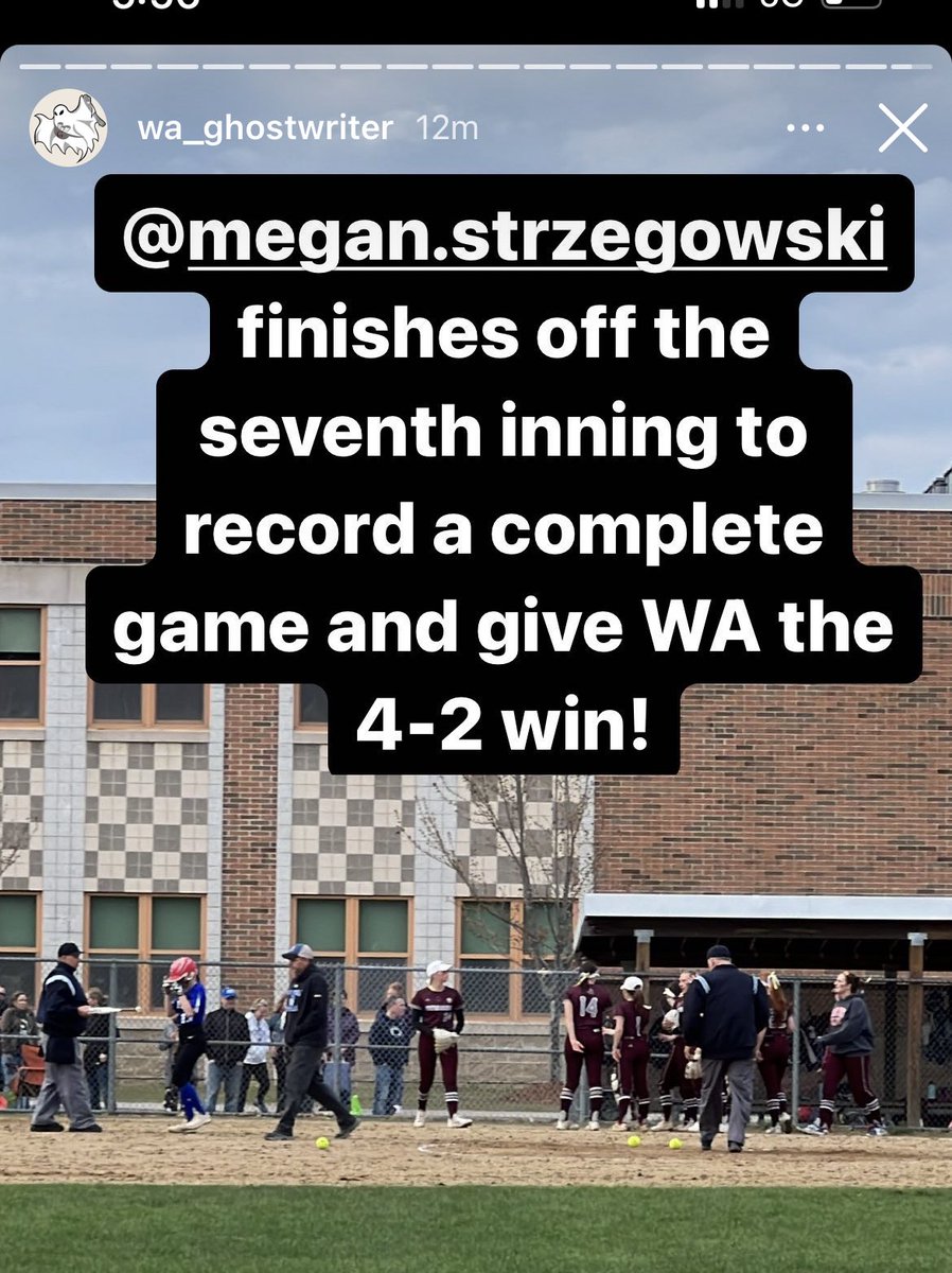MegStrzegowski's tweet photo. Westford Academy beat Bedford today, 4-2. I pitched 7 innings, 5 hits, 2runs,         0 ER, and 12 strikeouts! And I went 2 for 3 at the plate with an RBI. https://t.co/KwiOfrBc6w