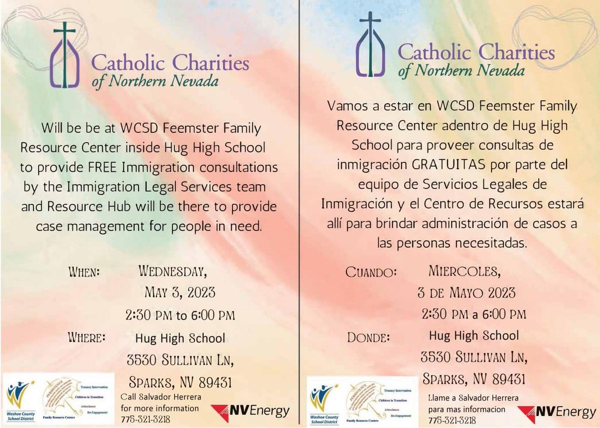 Hey DFS Family! This Wednesday (May 3rd) from 2:30PM to 6:00PM at Hug High School, the Catholic Charities of Northern Nevada will be providing FREE immigration consultations. Please see the photo for more information. 
#DFSfamily #firstgen