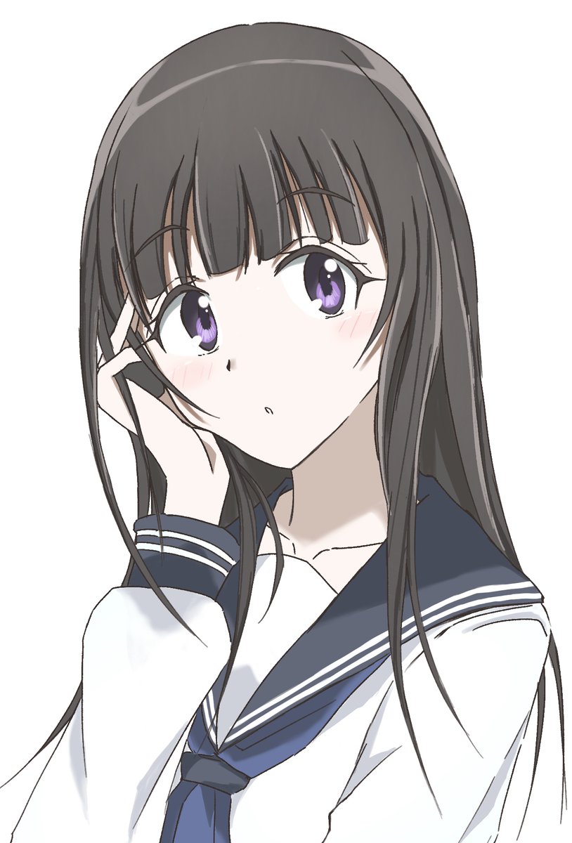 chitanda eru 1girl solo long hair school uniform purple eyes white background kamiyama high school uniform (hyouka)  illustration images