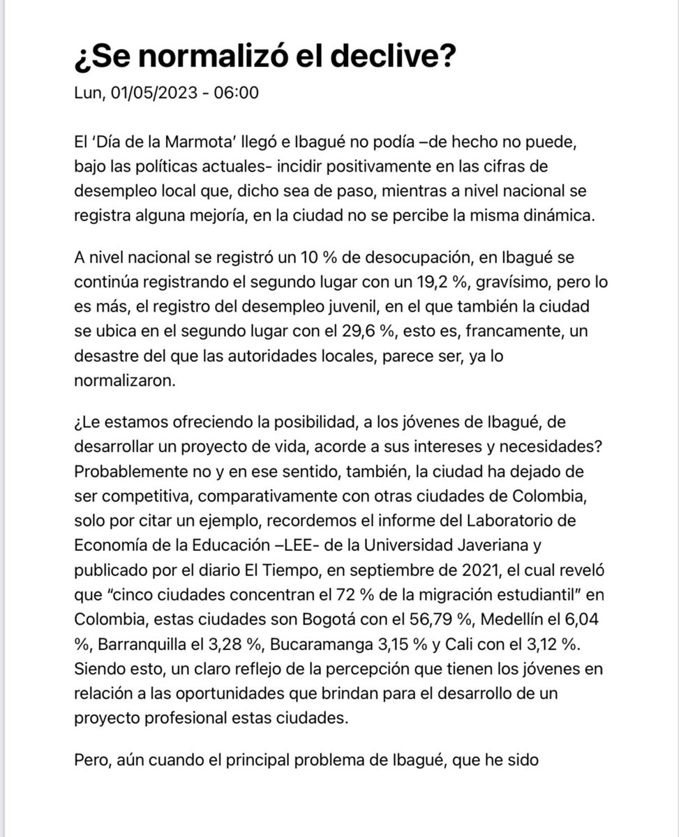 camiloossa10's tweet photo. #Opinión | Llegó el día de la Marmota para #Ibagué y las cifras de desempleo local, son, francamente, un desastre que las autoridades locales, parece ser, ya normalizaron.

Les invito a leer la columna de esta semana 👉🏻https://t.co/xDyEclmzCL https://t.co/vVJpY3W1pz