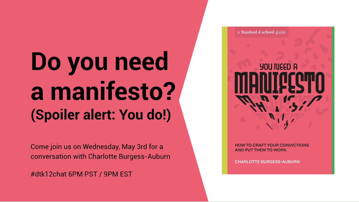 Erin Quinn (@luckybydesign) on Twitter photo Will you join us to ponder manifestos on Wednesday, May 3rd at 6pm PST/9pm EST? We're delighted <a href="/stanforddschool/">Stanford d.school</a>'s @cbauburn will be joining us. You don't need to have read this book to participate (though we wholeheartedly recommend you do!). Just follow the hashtag #dtk12chat ! Will you join us to ponder manifestos on Wednesday, May 3rd at 6pm PST/9pm EST? We're delighted <a href="/stanforddschool/">Stanford d.school</a>'s @cbauburn will be joining us. You don't need to have read this book to participate (though we wholeheartedly recommend you do!). Just follow the hashtag #dtk12chat !