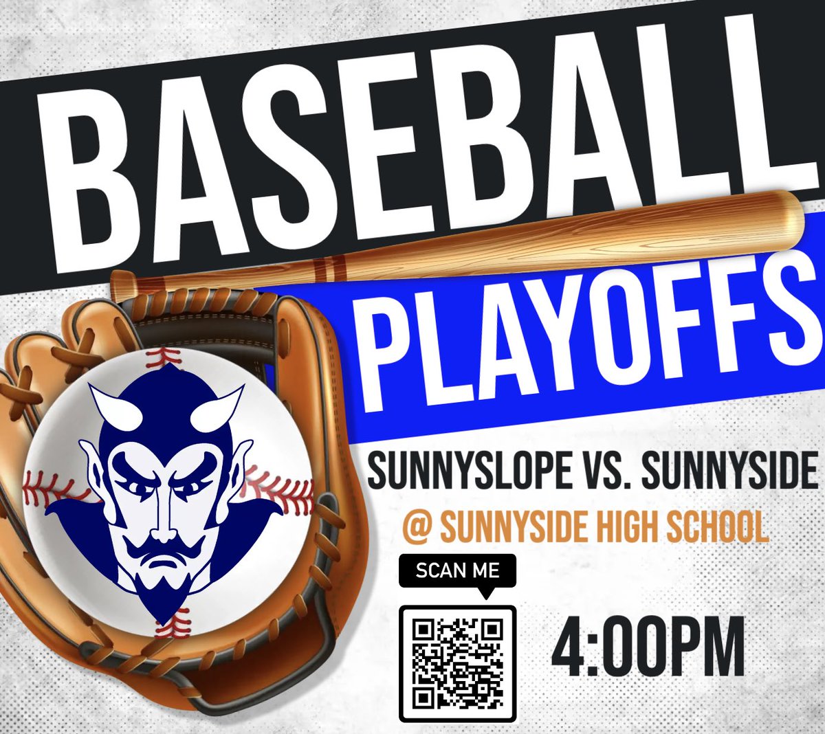 📣PLAYOFFS CONTINUE!📣

Please join us tomorrow as the softball and baseball teams look to bounce back after their first round loss. 

Bother teams will host Sunnyslope High School. 

First pitches will be at 4:00pm. 

We hope to see you there. Go Blue Devils!!