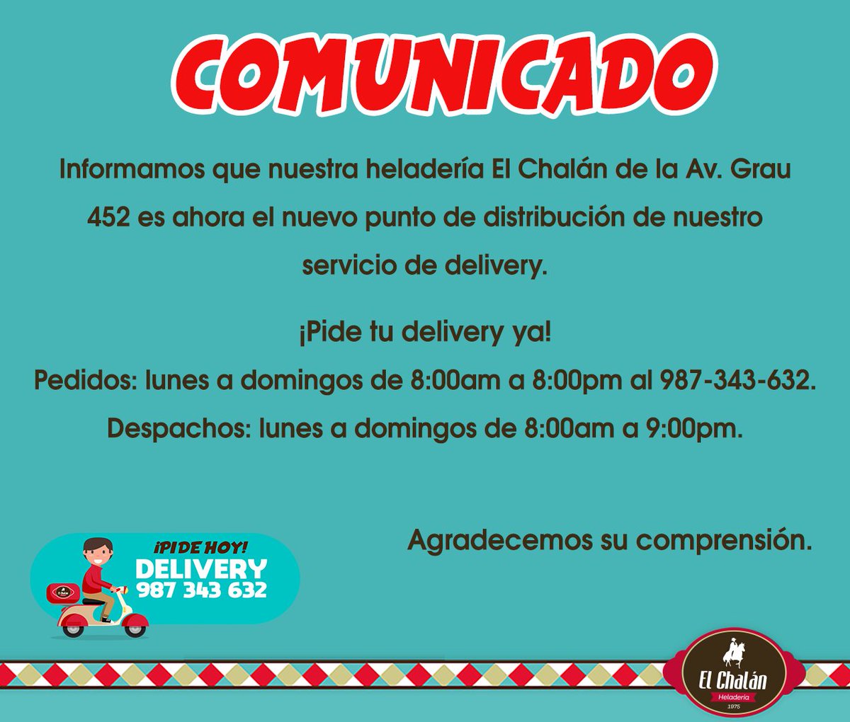 ChalanHeladeria's tweet photo. Se comunica que nuestra heladería El Chalán de la Av. Grau 452 es ahora el nuevo punto de distribución de nuestro servicio de delivery. https://t.co/0ZWAfQzkRT