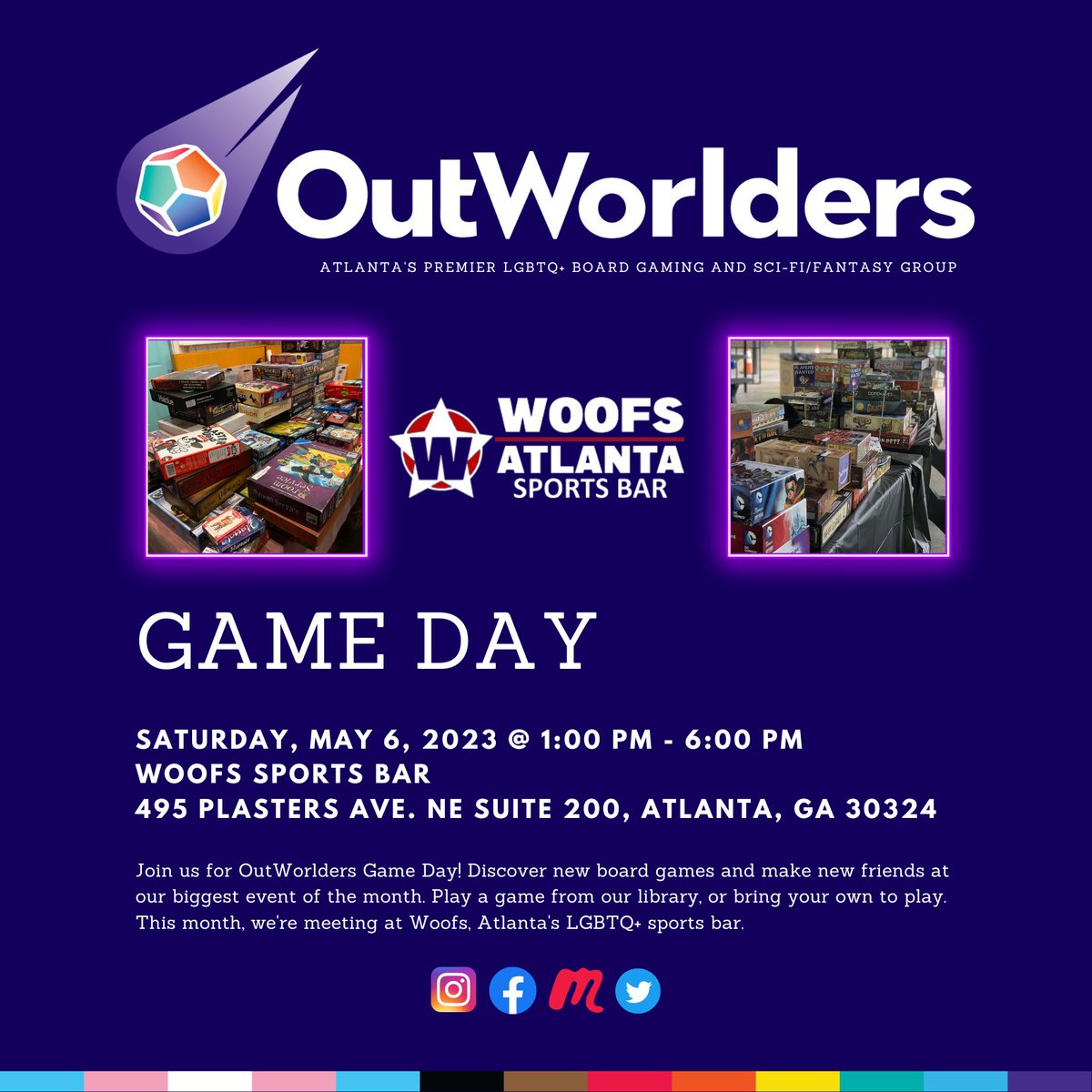 OutWorlders's tweet photo. Game Day is this Saturday!! Link in bio

#OutWorlders #BoardGames #MovieNight #GameDay #GameNight #BookClub #SciFi #Geek #ATL #Atlanta #GayATL #GayAtlanta #LesbianAtlanta #LGBT #Lesbian #Gay #Bisexual #Transgender #Trans #Queer #Nonbinary #Gaymer https://t.co/H8cAtURs7x