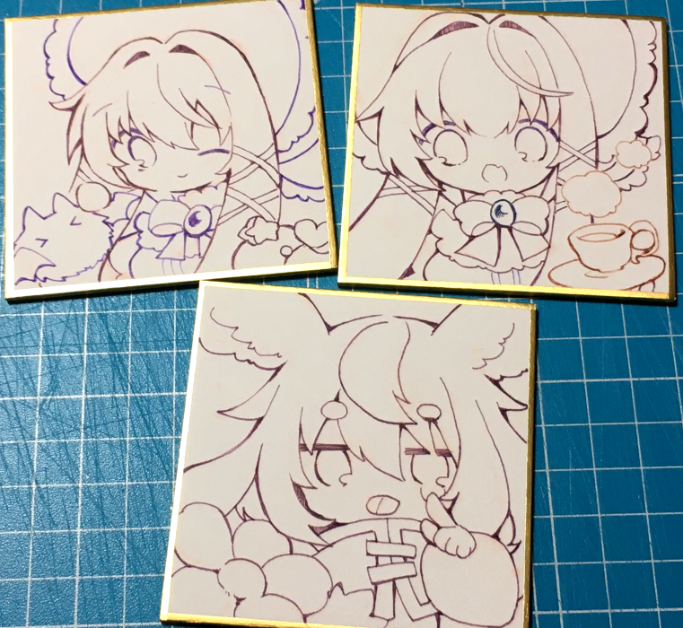 色紙の線画できました!新刊のキャラたちです。