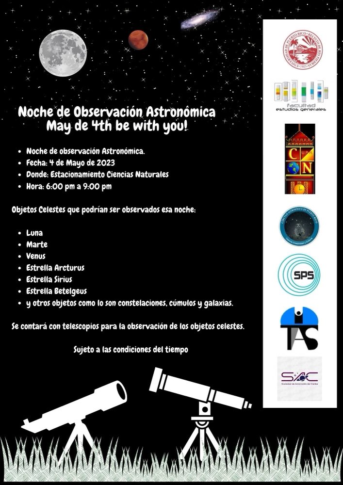 Saludos, esta actividad se llevará acabo este próximo jueves 4 de mayo de 2023, a partir de las 5:30 pm para dar inicio de lleno a las 6:00 pm, hasta las 9:00 en el estacionamiento de Ciencias Naturales.