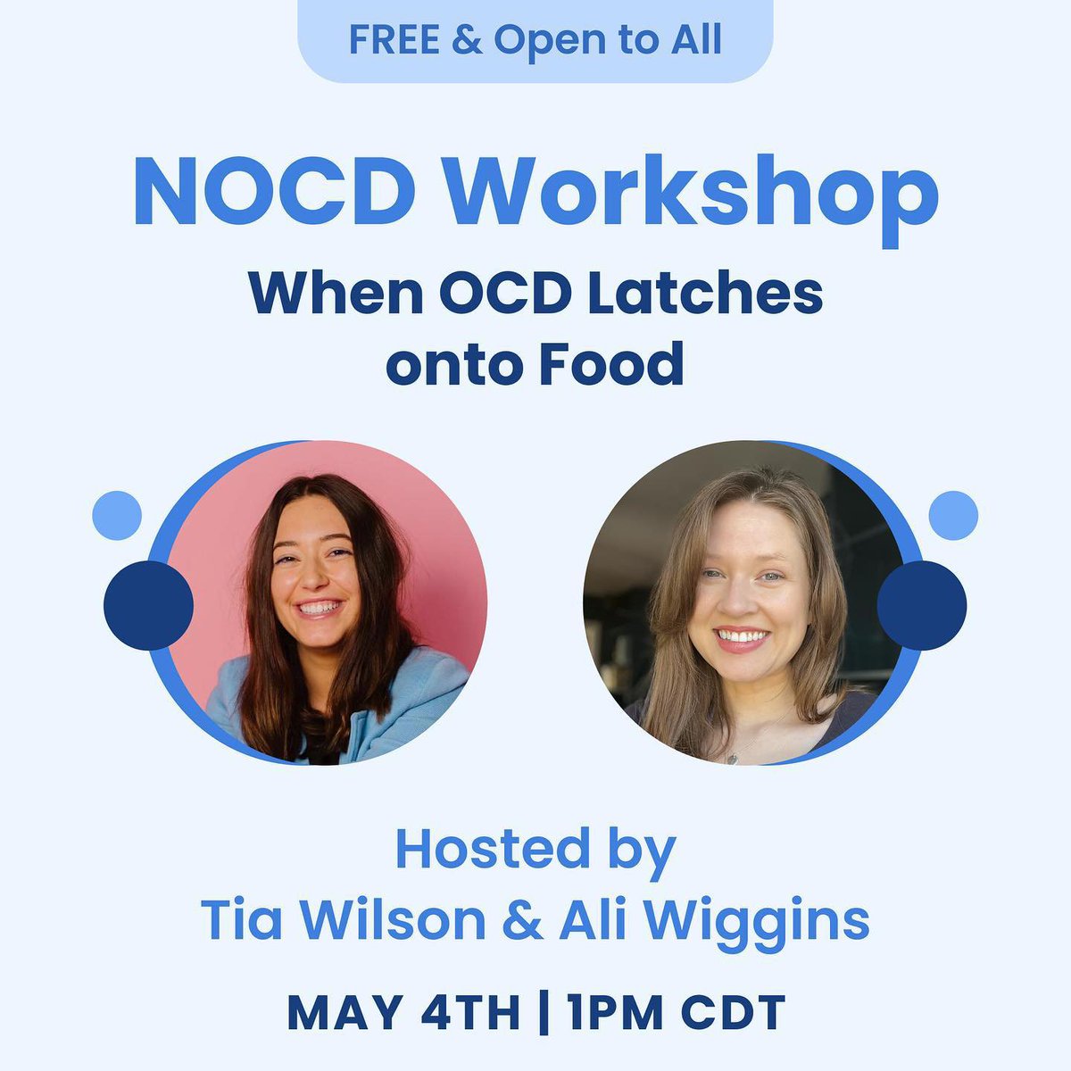 treatmyocd's tweet photo. Welcome May &amp; Mental Health Awareness Month with Ali and Tia in our newest workshop: When OCD Latches Onto Food to discuss obsessions and compulsions related to food, barriers, and shifting into recovery!

Register today to attend at *no cost* at:
https://t.co/V3XNQ5DjGu https://t.co/wuXogNUM4r