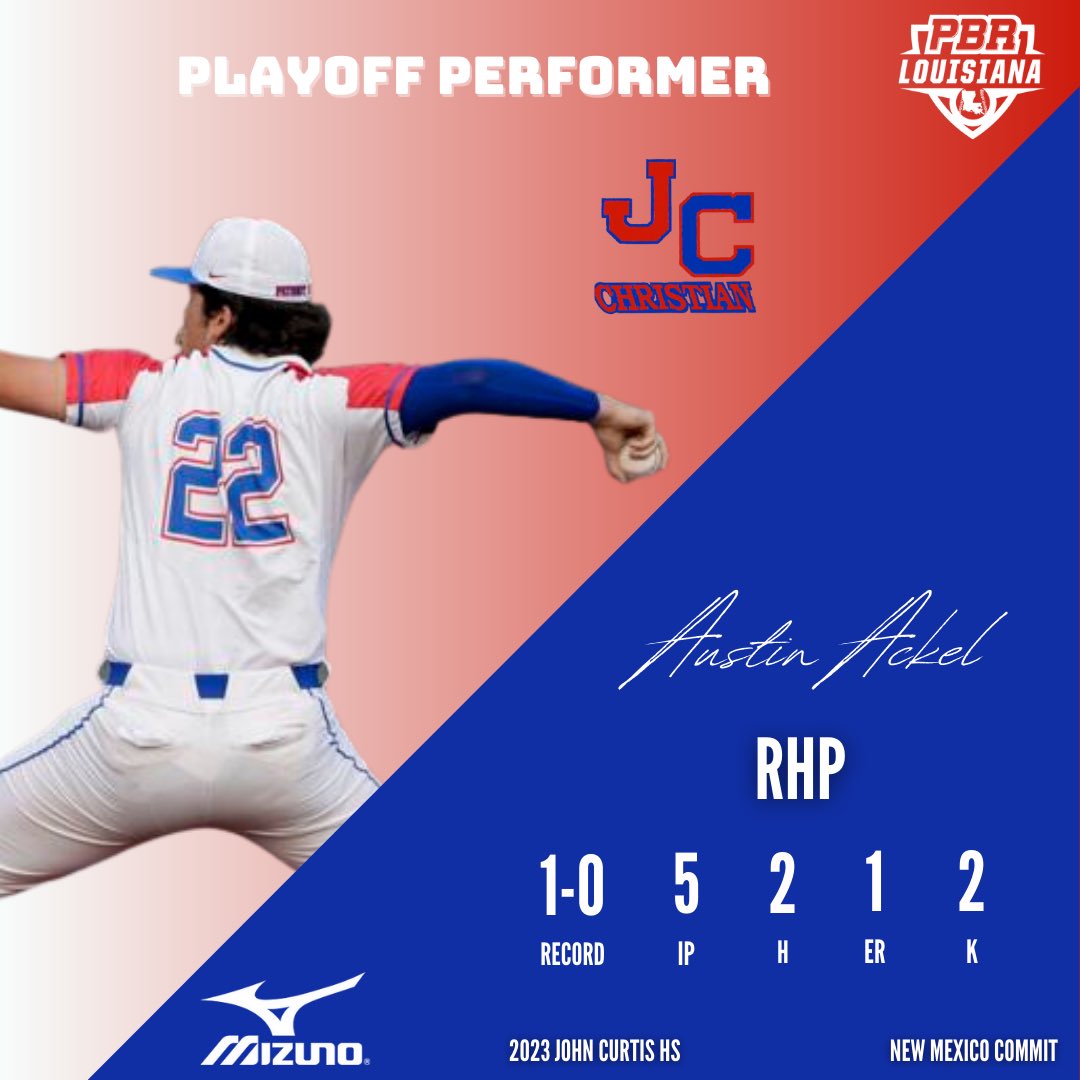 ⭐️ Playoff Performer ⭐️

2023 Austin Ackel (John Curtis HS)

The <a href="/UNMLoboBaseball/">UNM Baseball</a> recruit earned the win in GM1 vs. St. Paul’s to help the Patriots advance to the quarterfinals of the <a href="/LHSAAsports/">LHSAA</a> Select D-I playoffs.  #BeSeen

<a href="/prepbaseball/">Prep Baseball</a> 

👤 loom.ly/n-EJ45k