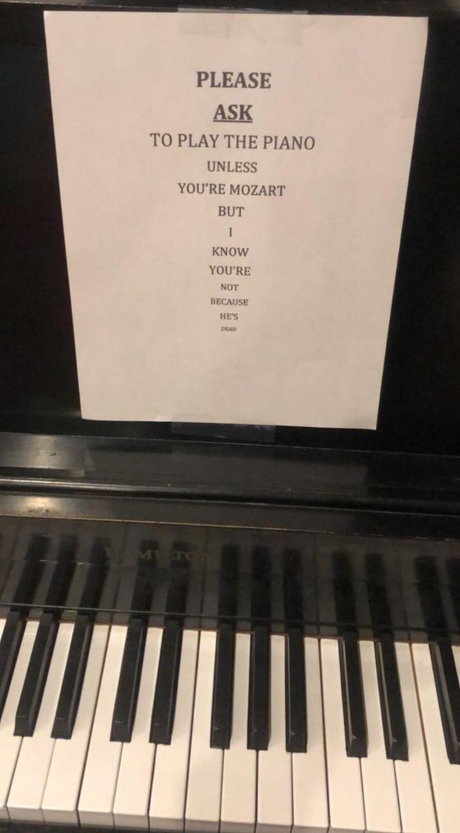 amanda_d_piano's tweet photo. #musicjokeMonday

"Please ASK to play the piano, unless you're Mozart, but I know you're not because he's dead."

#pianojoke #fromreddit #mozart #pianoplayer #pianist #piano #88keys #pianomusic #solopiano https://t.co/KROcGO0p3K
