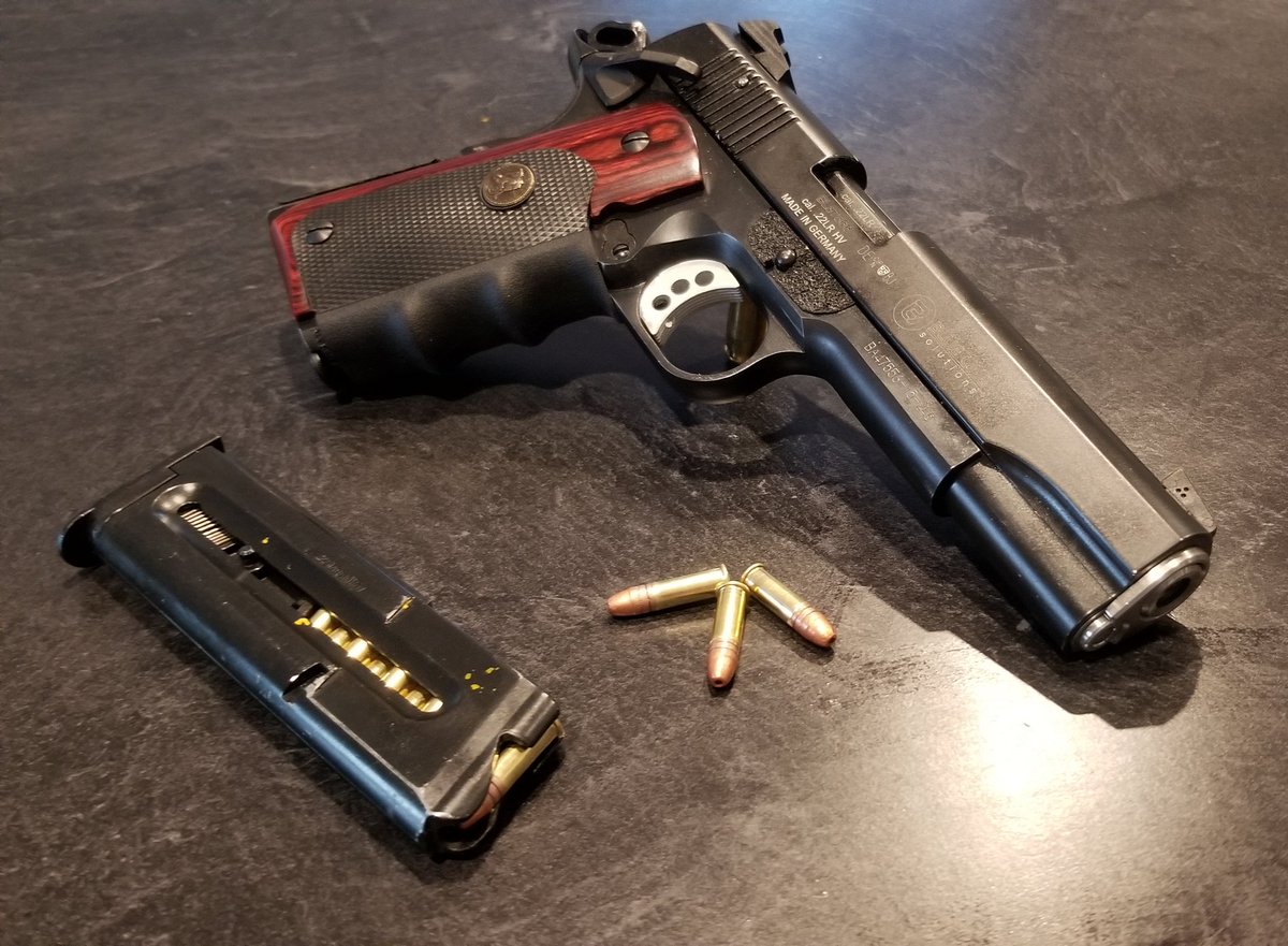 1shugyosha's tweet photo. Take a #Norinco #45acp #1911a1, a #GSG11 #22lrConversionKit, upgrade it with a #ZRTacticalSolutions accurizer kit, a #WilsonCombat set trigger, #Pachmayr rosewood grips, and many mags of #CCIMiniMags, and you get this.
A #SteelChallenge #RFPI Pistol.
My gawd it's beautiful. https://t.co/96hqPT4sVY