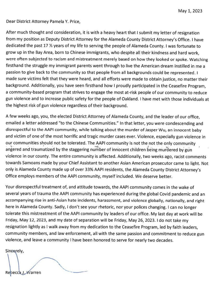 BerkeleyScanner's tweet photo. Another resignation from @AlamedaCountyDA, this time from Rebecca Warren, a veteran AAPI prosecutor who says DA Pamela Price has been "condescending and disrespectful to the AAPI community"; cites racist comments by chief asst, concerns re: Jasper Wu case: "We deserve better." https://t.co/efCLKh0LxB