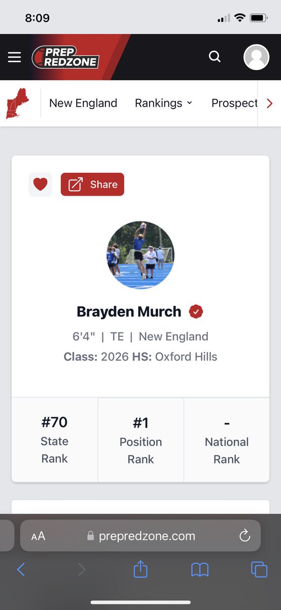 Grateful to be ranked the best 2026 TE in New England! @PRZPAvic <a href="/PRZNewEngland/">Prep Redzone New England</a> <a href="/PrepRedzone/">Prep Redzone 🏈</a>