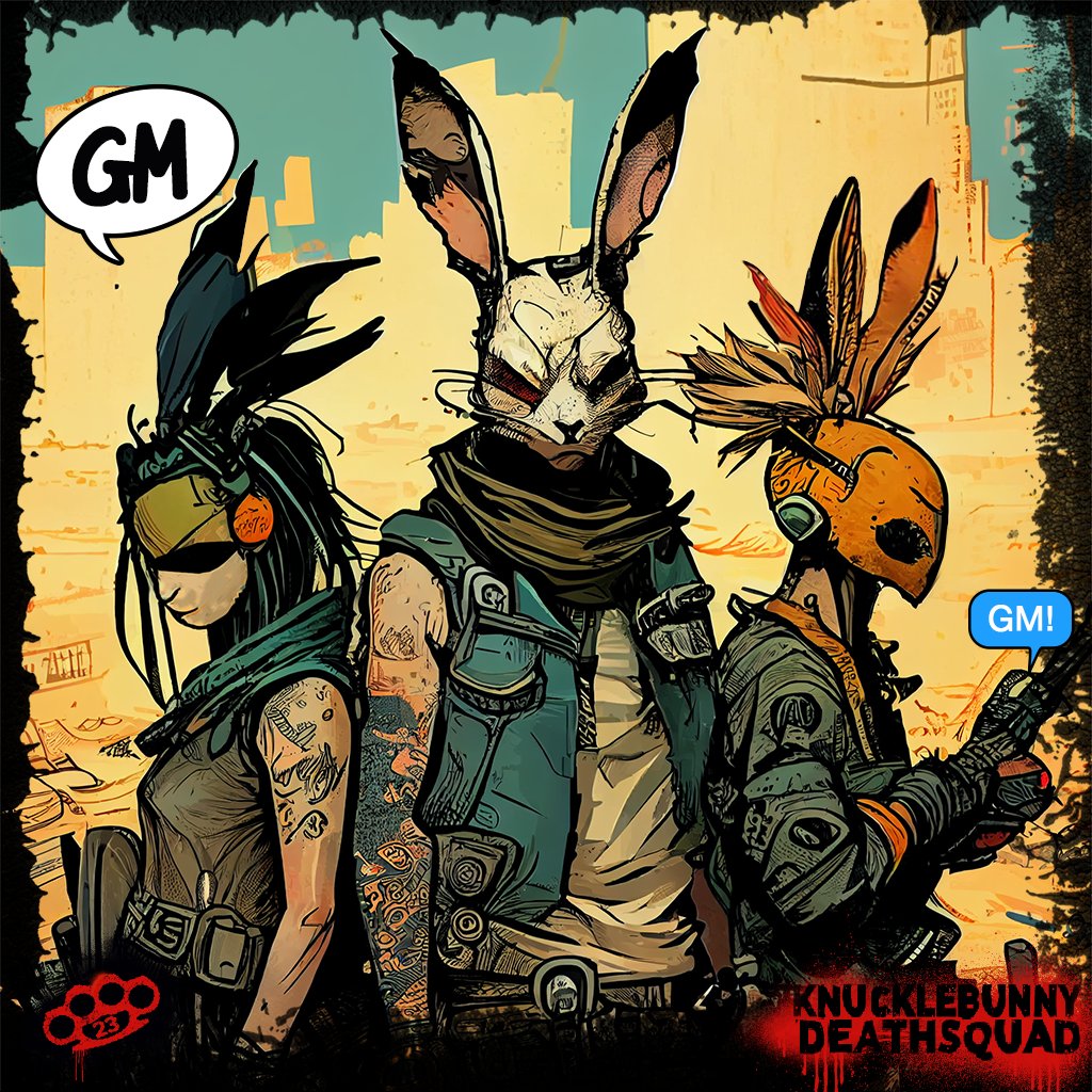 GM/GA #KnuckleBunnyDeathSquad  
Be sure to hop into the Discord Daily for fun &amp; games and further opportunities for you to get your chance at prizes for the Upcoming #YOTR Mint LETS HOP!!! discord.gg/kbds #NFTcommunity #WETHEBURROWS #SolanaNFTs #KBDS #KnuckleUp #NFTArt