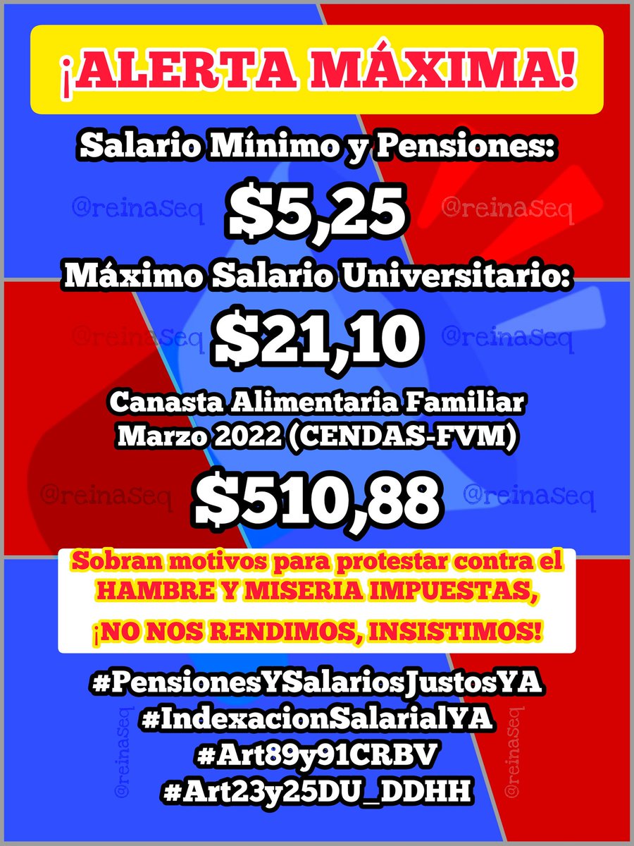 reinaseq's tweet photo. 📢 RECHAZO CATEGÓRICO || Llevan el salario al extremo de la INEXISTENCIA para luego anunciar ÍNFIMO aumento de beneficios q sumados a los SALARIOS INHUMANOS no cubren la CANASTA ALIMENTARIA ¡BURLA TOTAL! #PensionesYSalariosJustosYA
#IndexacionSalarialYA
#Art89y91CRBV @OITAmericas https://t.co/xTXYBGIZOV