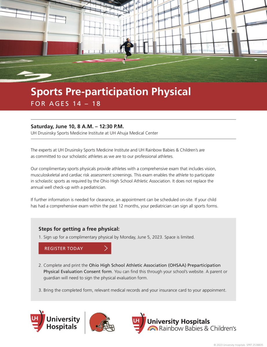 ‼️MARK YOUR CALENDARS‼️
UH is hosting FREE annual sports physicals this year on June 10th from 8am-12:30pm at the Druskinsky Sports Medicine Institute! Register at eventbrite.com/e/2023-complim… by June 5th! Don’t wait to sign up, these spots will fill up quickly!