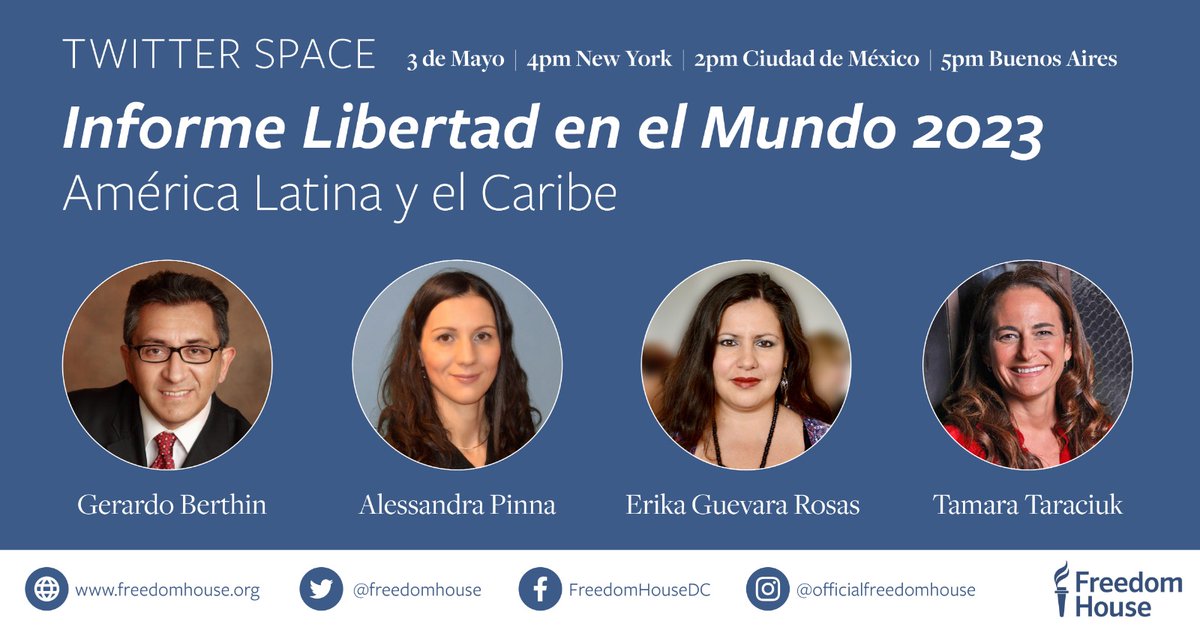 El 3 de Mayo/ 2:00 pm hora México participen en el #TwitterSpace con 3 mujeres que fueron una inspiración y apoyo durante mi abogacía por la liberación de las personas presas políticas en #Nicaragua.  Hablarán sobre el informe #FreedomInTheWorld de Latinoamérica y el Caribe.