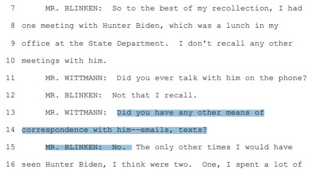 RNCResearch's tweet photo. Here is Antony Blinken’s sworn testimony to Congress that he had “NO” email correspondence with Hunter Biden.

The emails on Hunter’s laptop say that’s a lie. https://t.co/kGSSSS94Oi