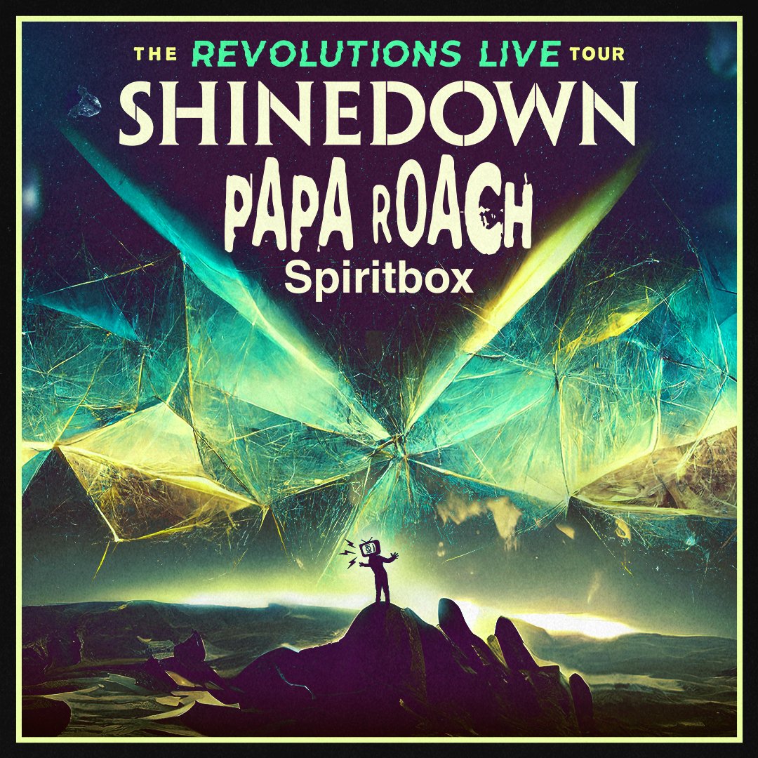 Shinedown's tweet photo. #TheRevolutionsLiveTour is BACK for another round with special guests @paparoach @spiritboxband! 

Pre-sale tickets available tomorrow at 12PM + general on-sale tickets live Friday at 10AM.  

Don't miss out on the rock revolution… 🤘

🎫https://t.co/S9BeEMwJ6u https://t.co/DtVWOBgVs6