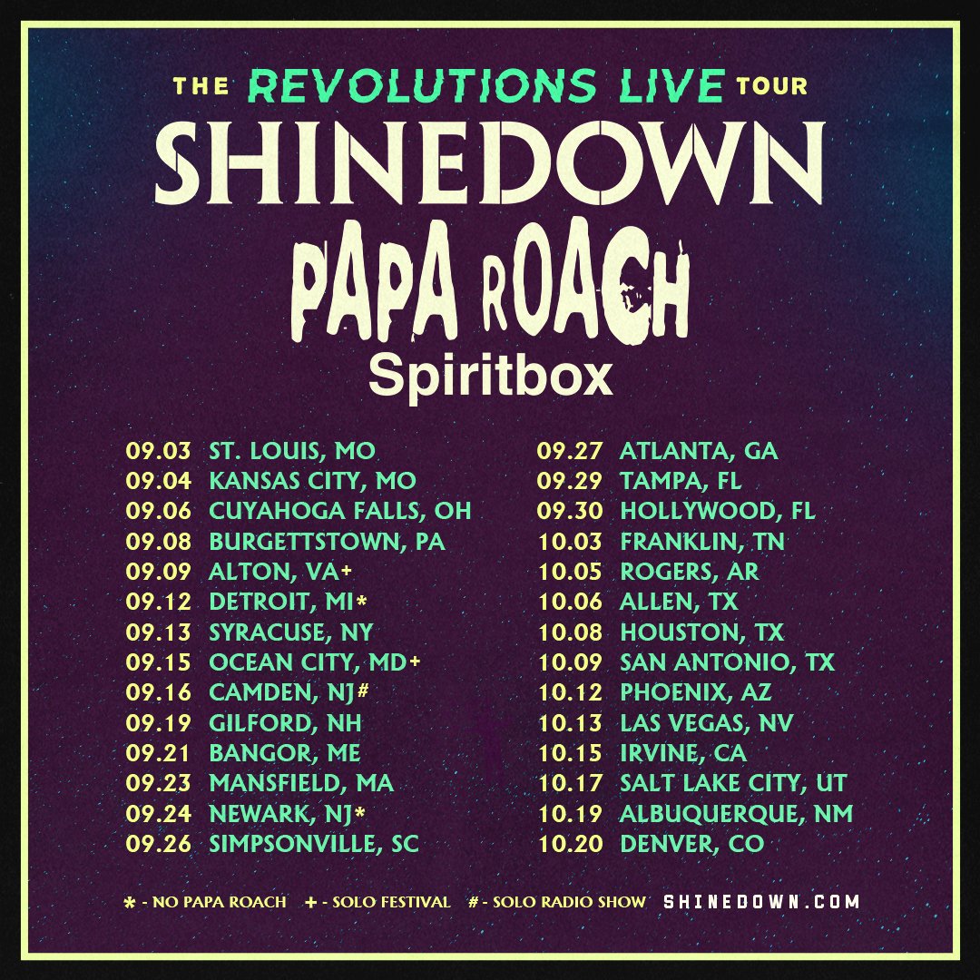 #TheRevolutionsLiveTour is BACK for another round with special guests @paparoach @spiritboxband! Pre-sale tickets available tomorrow at 12PM + general on-sale tickets live Friday at 10AM. Don't miss out on the rock revolution… 🤘 🎫shinedown.com