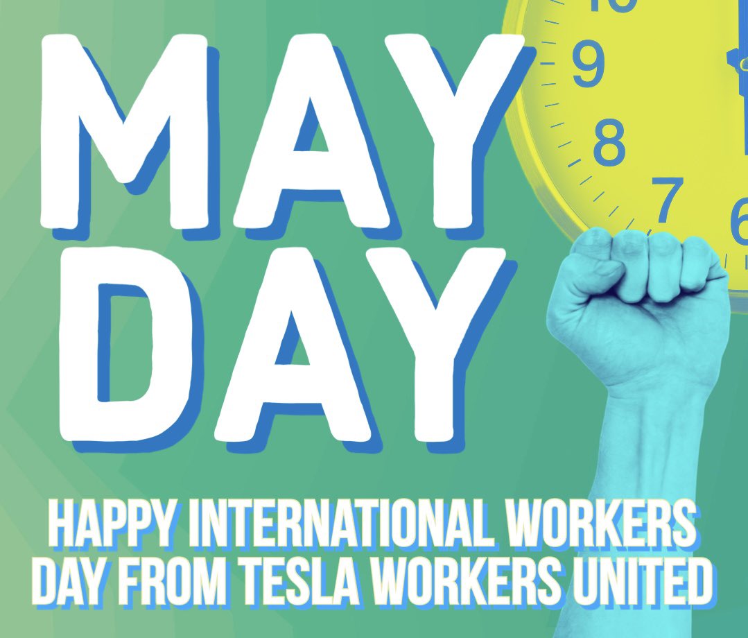 united_tesla's tweet photo. Happy #MayDay or #InternationalWorkersDay! Thank you to every hard working individual (past, present or future) who sacrifice so much to help push humanity forward!
#SolidarityForever #TeslaWorkersUnited #TeslaUnion https://t.co/YgJLmSQZcH