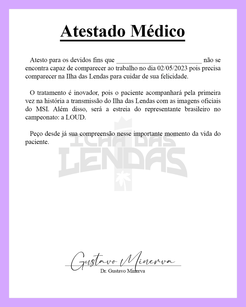 ilhadaslendas's tweet photo. Ai pessoal, o médico Dr. Gustavo Minerva (não sei qual a especialização) mandou o atestado pra vcs poderem participar da terapia amanhã (ver a estreia da LOUD no ilha das lendas com imagens do MSI)

Espero ter ajudado (não respondo pelo médico) 👍 https://t.co/peZcm079Xi