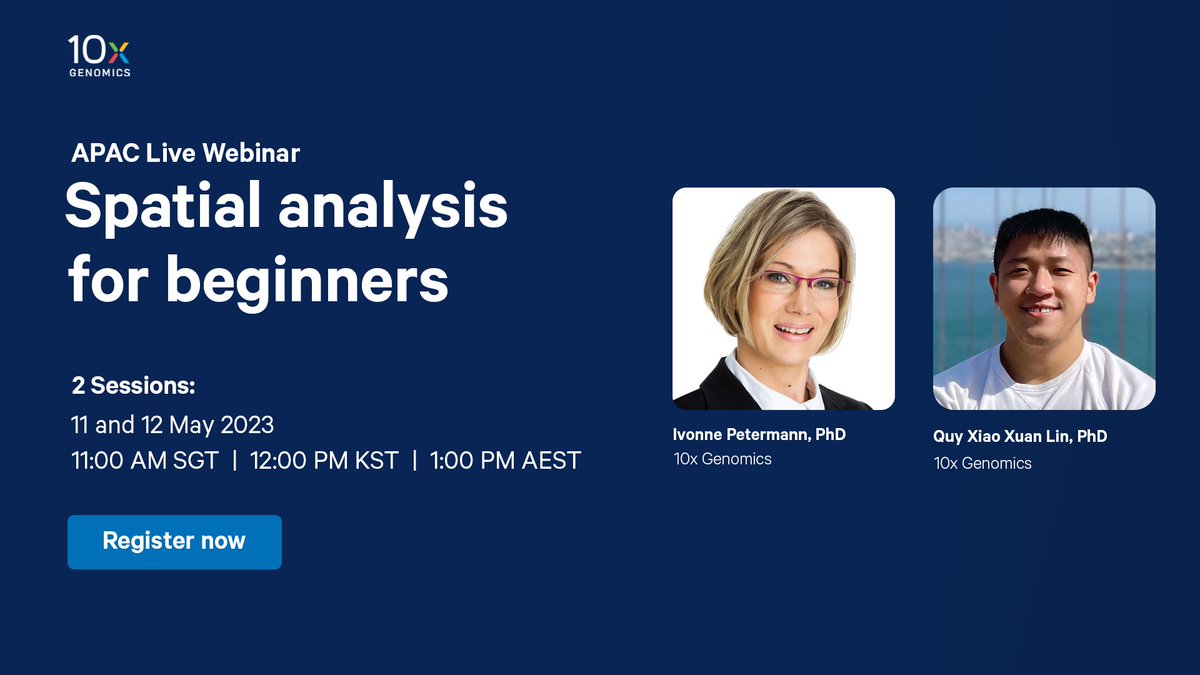 10xGenomics's tweet photo. Whatβs spatial analysis? Learn more at our live webinar as we talk you through sample handling, the spatial data analysis workflow, and finding the best tools for your project. Register now! https://t.co/kw7GUHDUx7
#spatialbiology #spatialtranscriptomics #spatialinformatics https://t.co/fhNSWPPmri