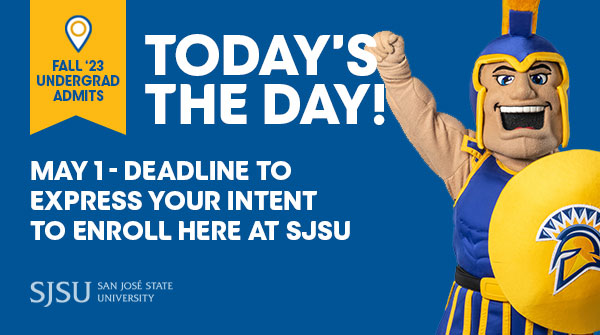 SJSU_ES's tweet photo. Submit your Intent to Enroll today (May 1) no later than 11:59 pm!

https://t.co/KS6J3HZ1A1 

We can’t wait to welcome you to the Spartan family 💙💛 

#FutureSpartans #SJSU #SJSUBound #SJSUFall23 #SJSUSpartans #SanJoseState #SJSUAdmissions #AllSpartans #SpartanLife #SpartanPride https://t.co/ZcFOFMZ57W