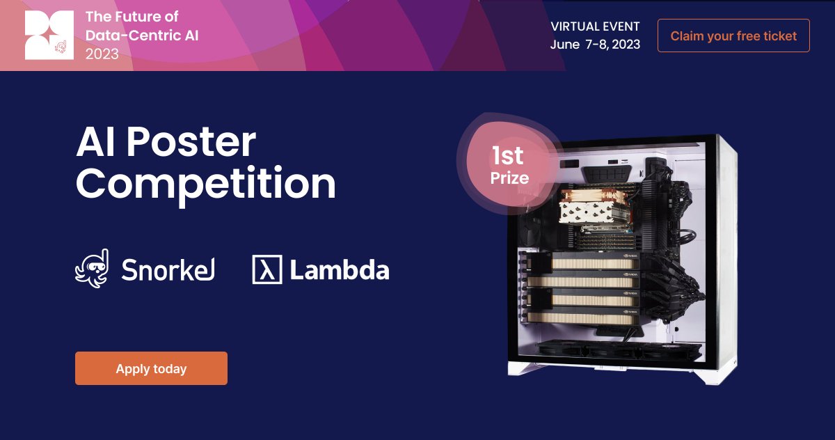 SnorkelAI's tweet photo. Want a GPU workstation for deep learning with 2 @NVIDIA RTX 4090 GPUs with #Ubuntu, #TensorFlow, #PyTorch, & #CUDA pre-installed?Showcase your research on #LLM, #genAI, #promptengineeering, #datacentricAI to win $15,000 in prizes from @lambda_labs & get featured on https://t.co/jdQ8puuqxI