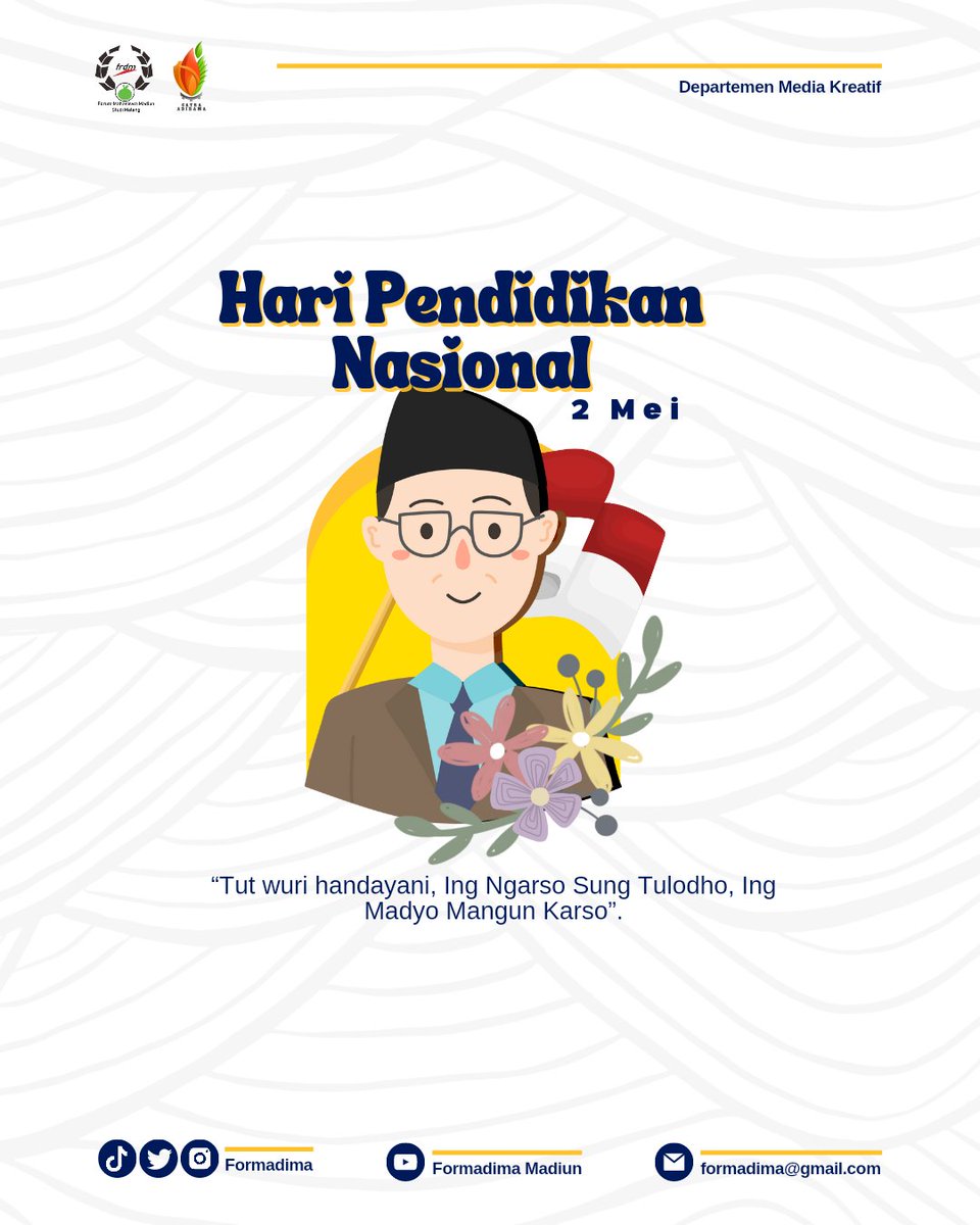 formadima's tweet photo. 《HARI PENDIDIKAN NASIONAL 2023》

“Tut wuri handayani, Ing ngrasa sung tulada, Ing madya mangun karsa.” Seorang guru adalah pendidik yang terus-menerus menuntun, menopang, dan menunjuk arah yang benar bagi hidup dan karuya anak-anak didiknya.
Selamat Hari Pendidikan Nasional! https://t.co/GzRsUfWyE5