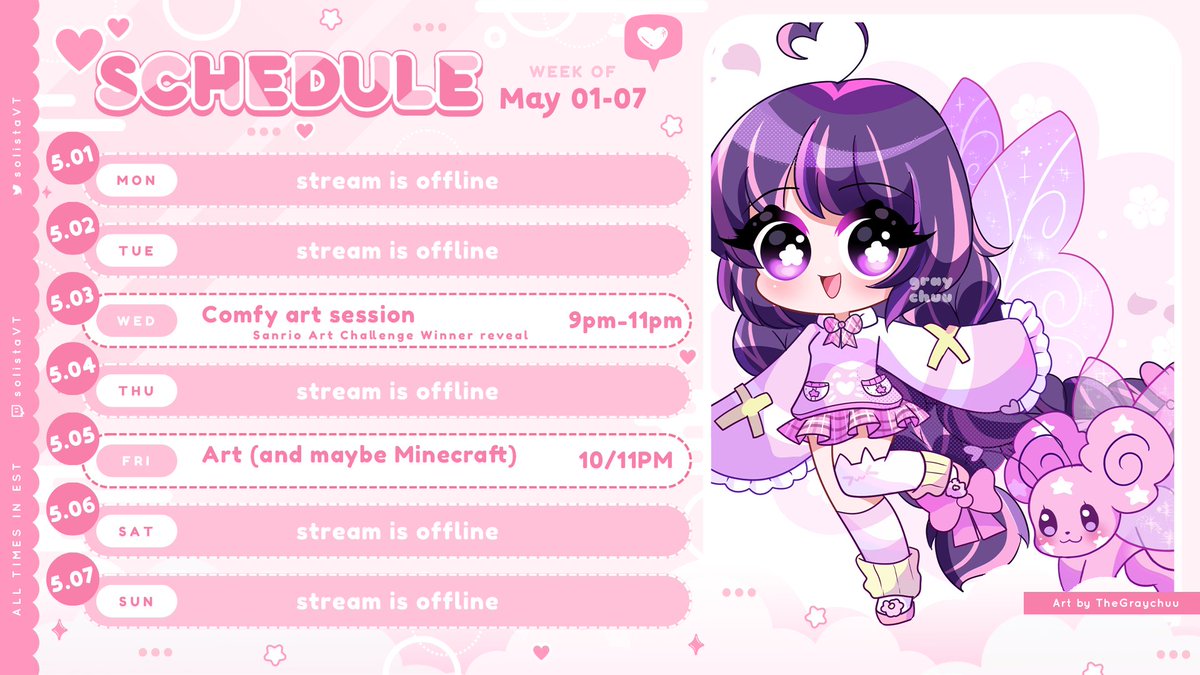 solistaVT's tweet image. « ⋅ʚ♡ stream schedule ♡ɞ⋅ »

♡ May 01-07 ♡

ミ✿  Hi! I'm back from last week. However, I'm still a bit sick bc I have an annoying cough now. Still debating if I should stream later today. ;w; May be a short one or none at all. 

➽──❥ flutter by: twitch.tv/solistavt
