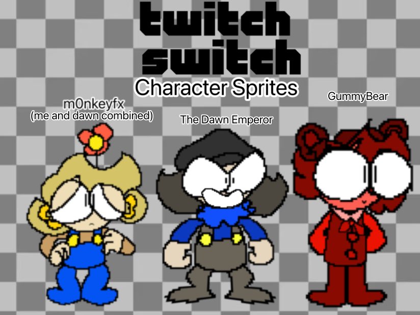 themonkeyking_0's tweet image. Alright! Here are the character sprites for Twitch Switch! An upcoming game thingy I’ll probably never finish…

@dqwnfx as The Dawn Emperor
@BeanNotHere as GummyBear
#dqwnfxfanart
#jellybeanfanart
(Screw it, I’m starting my own hashtag)
#twitchswitch