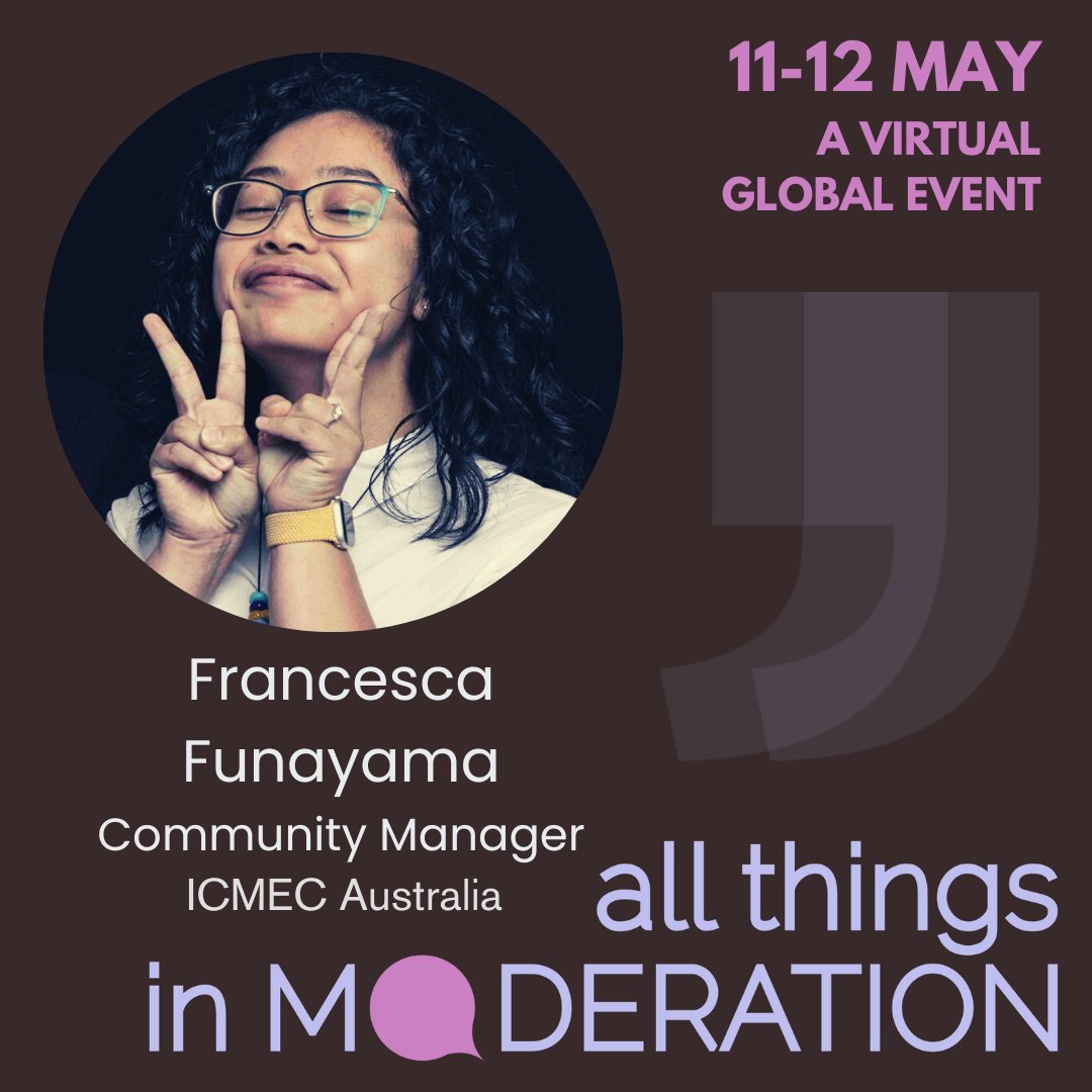 Hello, fellow community managers and moderators :) I'm presenting at <a href="/all_moderation/">All Things In Moderation</a>. Deets below ⤵️

Integrating child safety into online moderation
🗓️ Fri, 12th May @ 4:30pm (AEST)
🎟️bit.ly/allthingsinmod…

#cmgr #childsafety #onlinemoderation