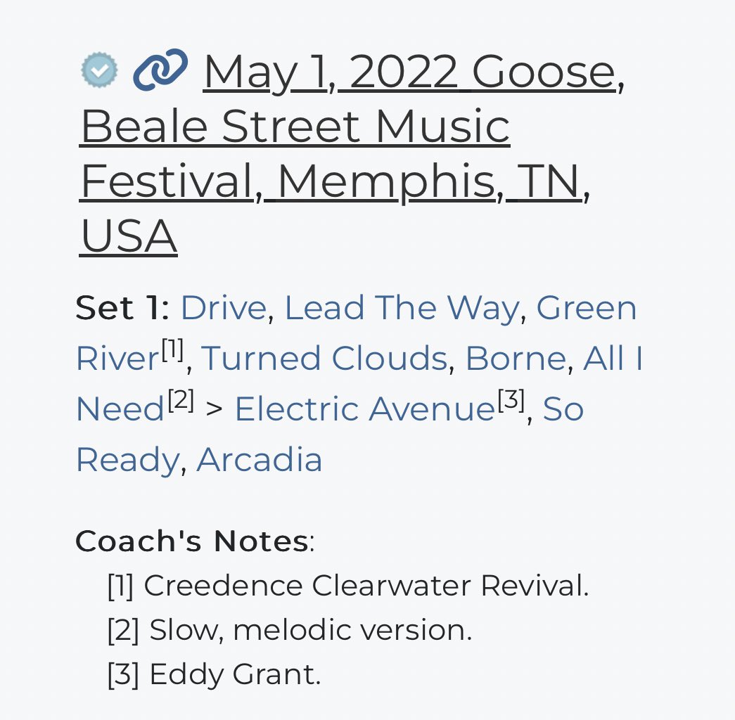 GooseBandTrivia's tweet photo. Today in @goosetheband historyโฆ.
One year ago today, Goose performed a 9 song set (about 75 minutes total) at @BealeStMusicFes in Memphis, TN. Only two songs were over 10 minutes long with So Ready the longest song at about 12:00. #TeamSo https://t.co/NzB2quUsQ1
