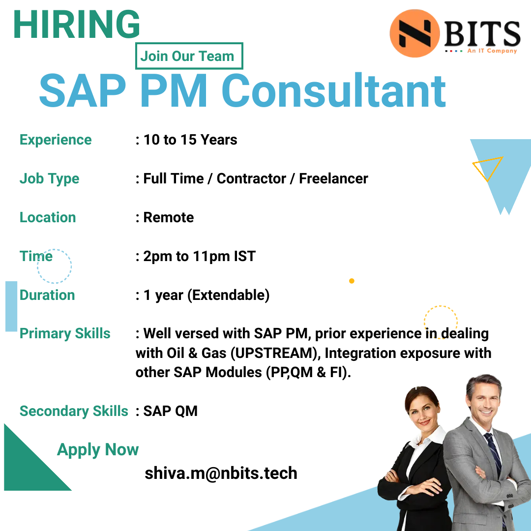 nbits_itcompany's tweet image. Urgent need for SAP PM Consultant
Experience : 10 to 15 Years
Job Type : Full Time / Contractor / Freelancer
Location : Remote
Time : 2pm to 11pm IST
Duration : 1 year (Extendable)
If you are interested please share your cv with shiva.m@nbits.tech
Primary Skills :Sap QM
#sappm