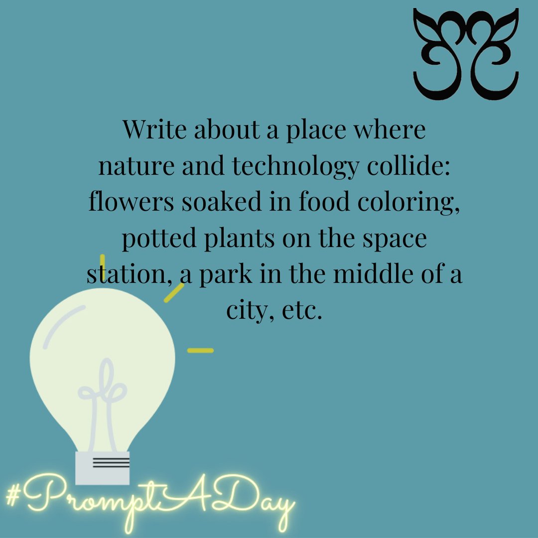 SundressPub's tweet photo. Write about a place where nature and technology collide: flowers soaked in food coloring, potted plants on the space station, natural disaster movies, a park in the middle of a city, etc. #PromptADay

[Prompt written by Robin LaMer Rahija.] https://t.co/z4BIuDKRW0