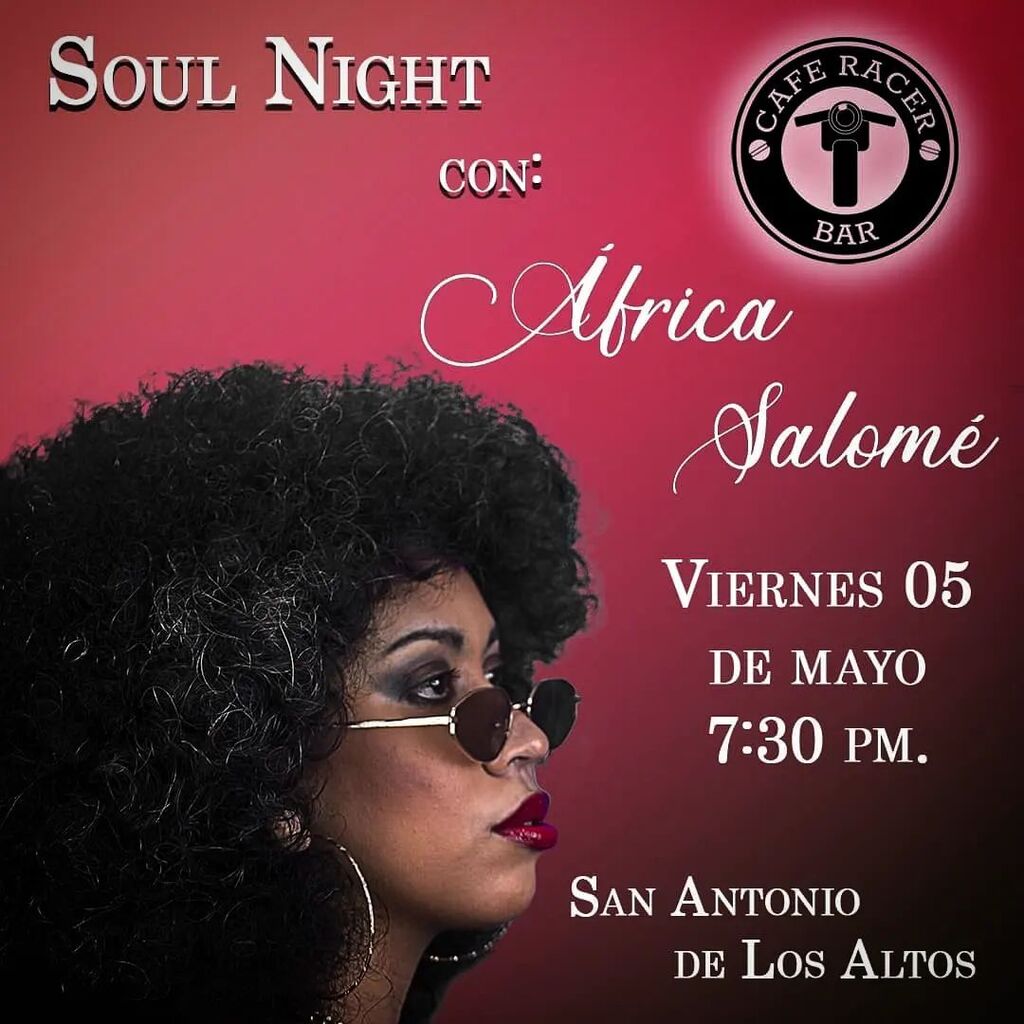 Vuelve AFRICA SALOME, este viernes 5 de mayo a las  7:30 pm.

Ven a escuchar en vivo lo mejor del soul, pop, disco, funk 
te esperamos !!! 

Reserva tu mesa.

<a href="/africasalome/">@africasalome</a> 
#soul
#pop
#Disco
#funk #caferacerfestival instagr.am/p/CruLkF0J4W1/