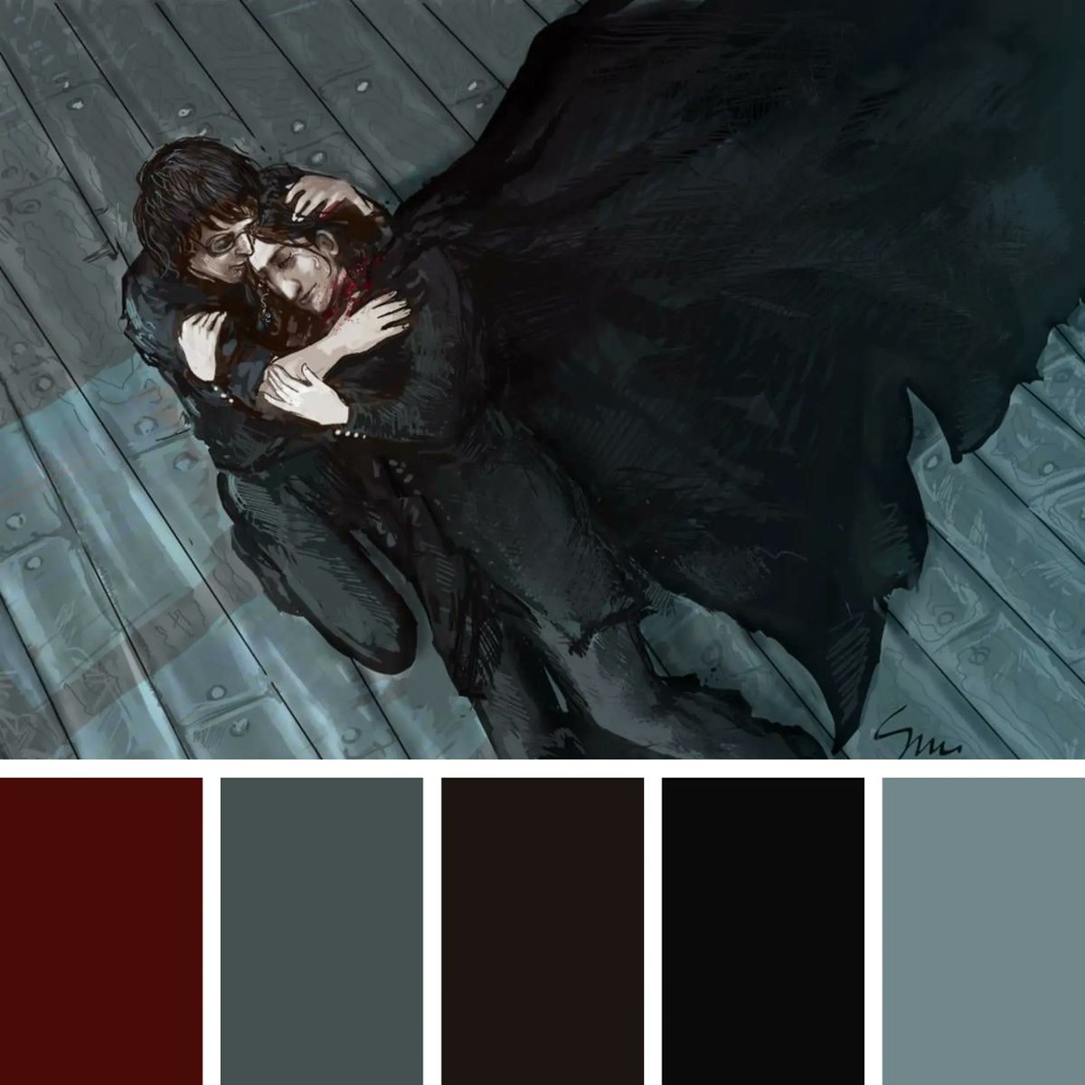 MuggleNet's tweet photo. On Voldemort’s orders, Nagini strikes Snape several times in the neck, fatally wounding him. Severus Snape dies, but not before shedding memories from his eyes and mouth for Harry to take. “Look… at… me…” #BattleOfHogwarts25

#PotterArt by 6urn! 🖤 https://t.co/tqSvicHmCd https://t.co/xLcQ14BxtE