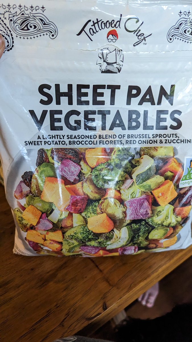 CherNoreen's tweet photo. @eattattooedchef The oven baking instructions on your sheet pan veggies are off.  My veggies came out charred all the way through. https://t.co/lcxsgWBRx4